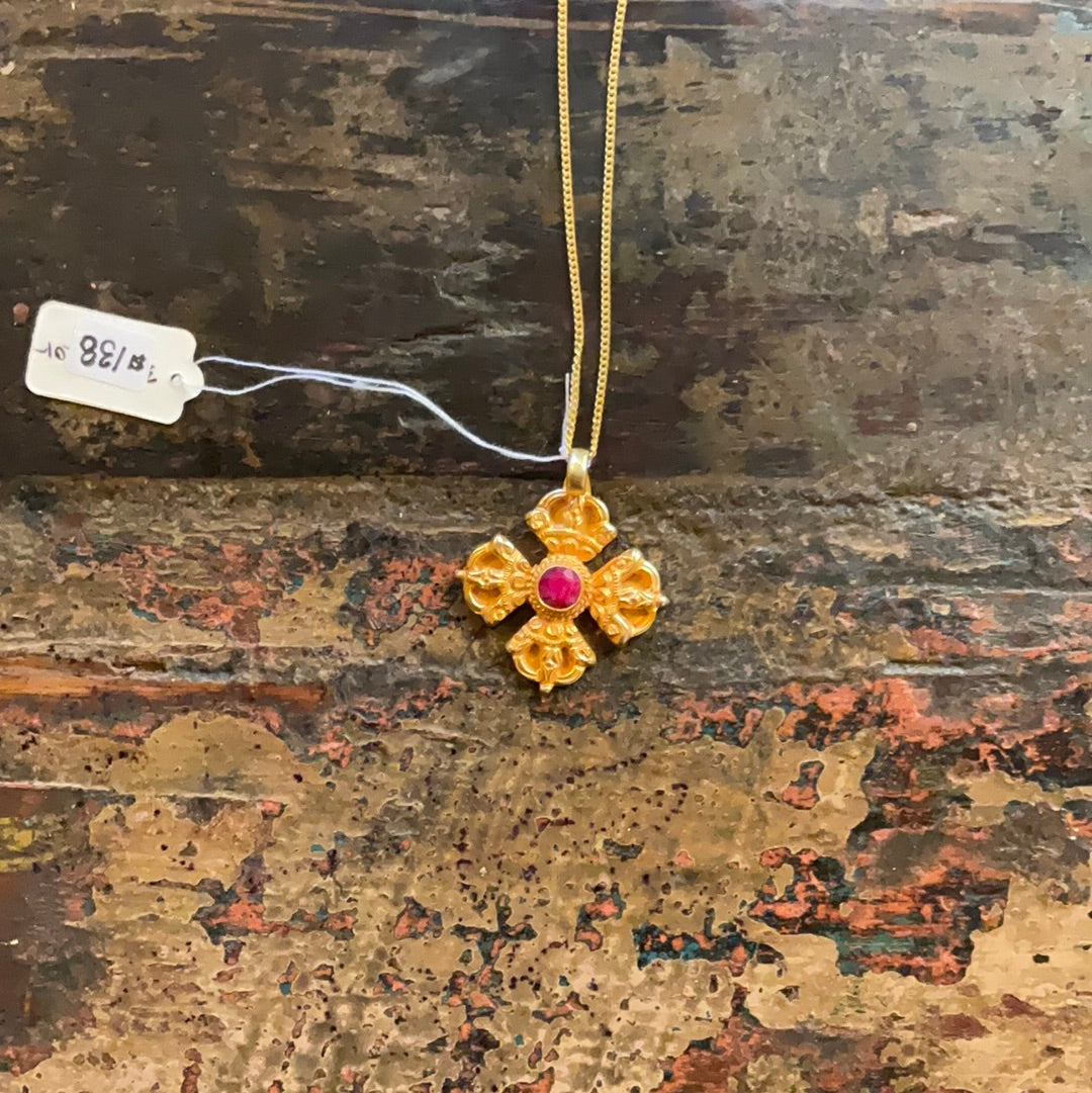 Nepali Gold Plated 22k and Ruby Double Dorge Pendant