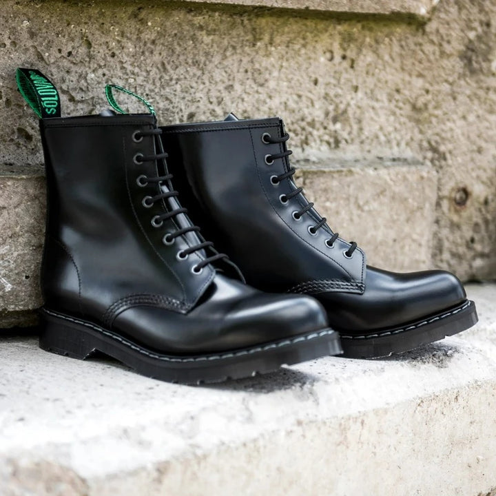 Solovair Black Hi-Shine 8 Eye Derby Boot