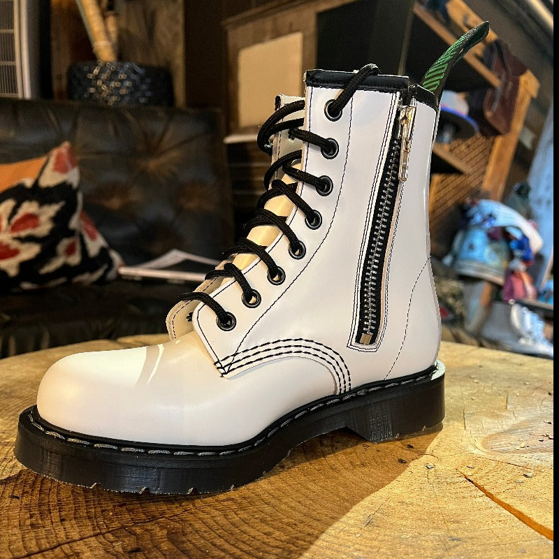 Solovair White HI-Shine 8 Eye Derby Boot with Inside Zip