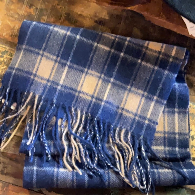 Portolano 100% Sapphire Tartan Cashmere Scarf with Fringes