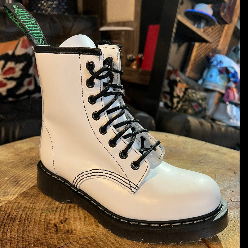 Solovair White Hi-Shine 8 Eye Derby Boot with Inside Zip