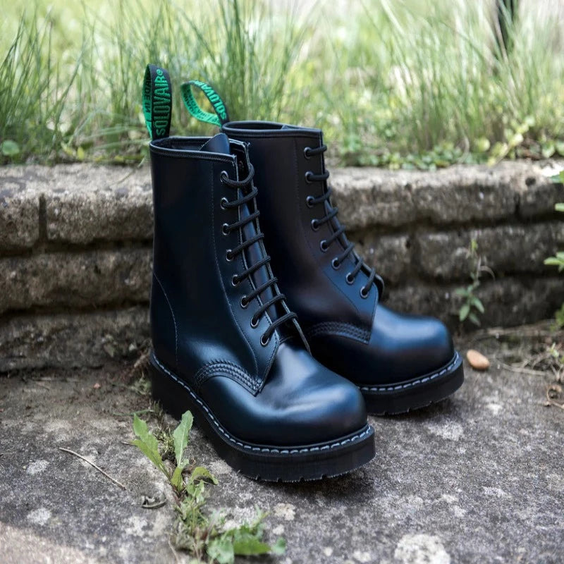Solovair Navy Blue Hi-Shine 8 Eye Derby Boot