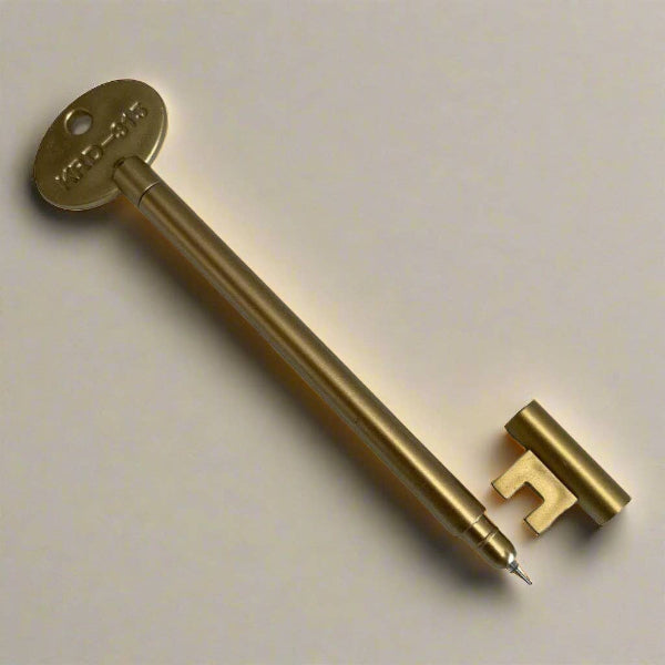 Gold key with a small lock on a light gray background