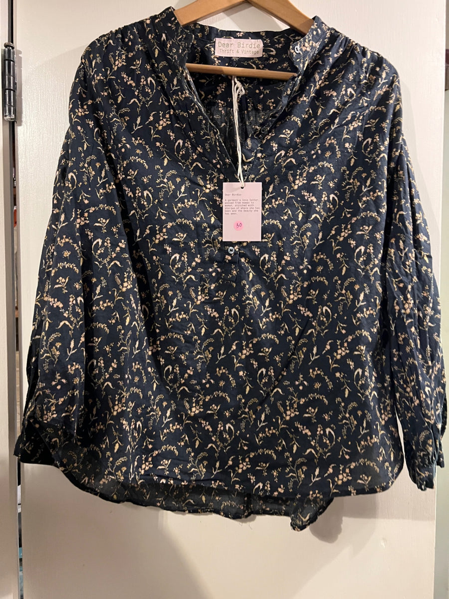 Dear Birdie shirt Medium/Large Black with Beige floral pattern
