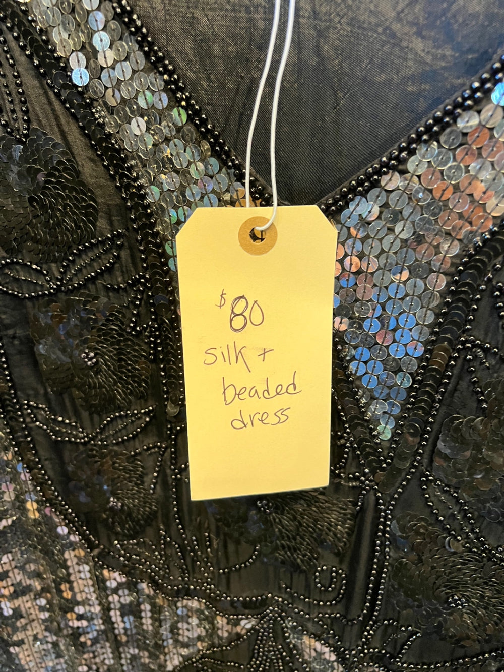 Vintage Sequence Dress Medium/Large Black and silver with silk