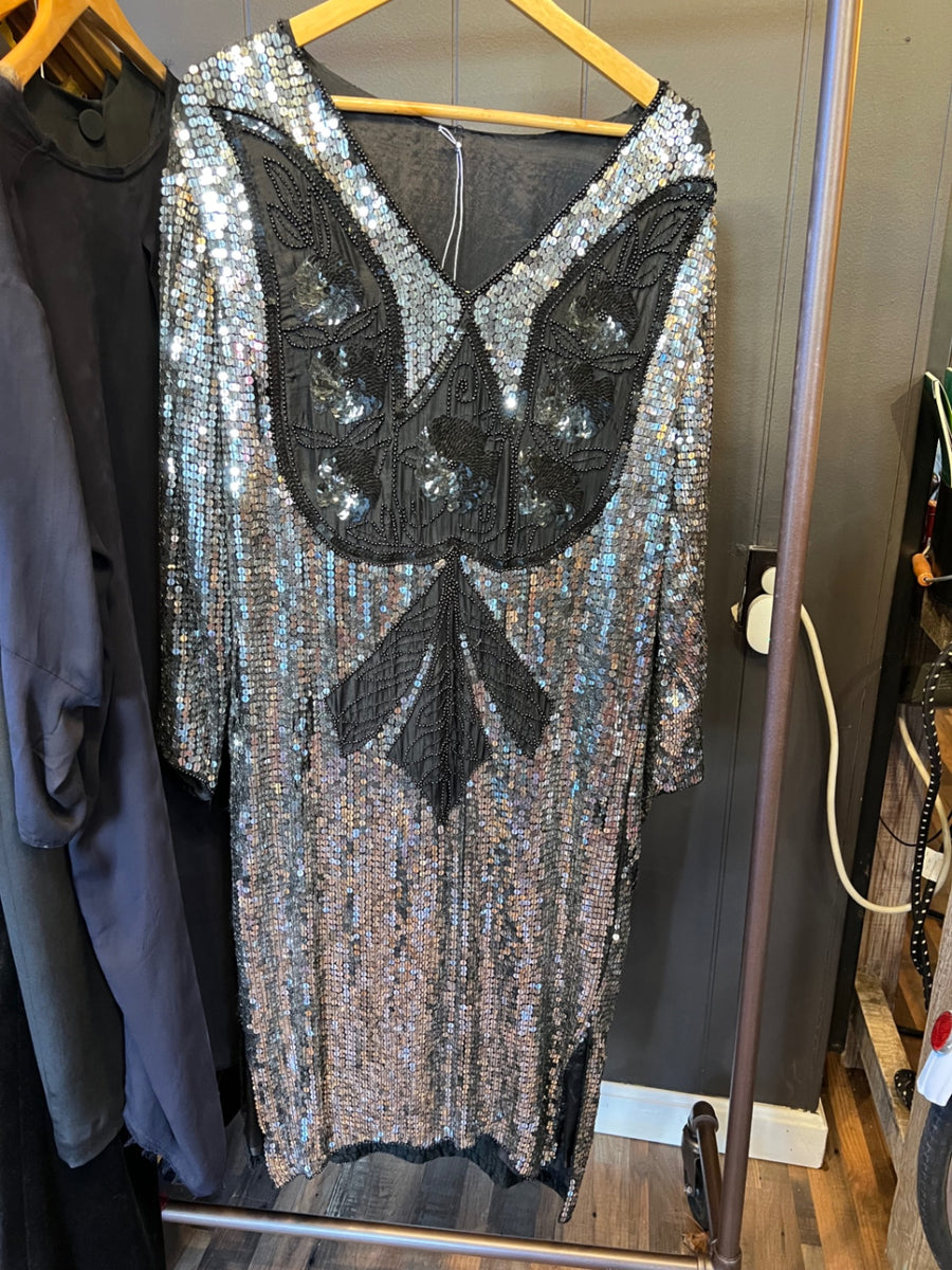 Vintage Sequence Dress Medium/Large Black and silver with silk