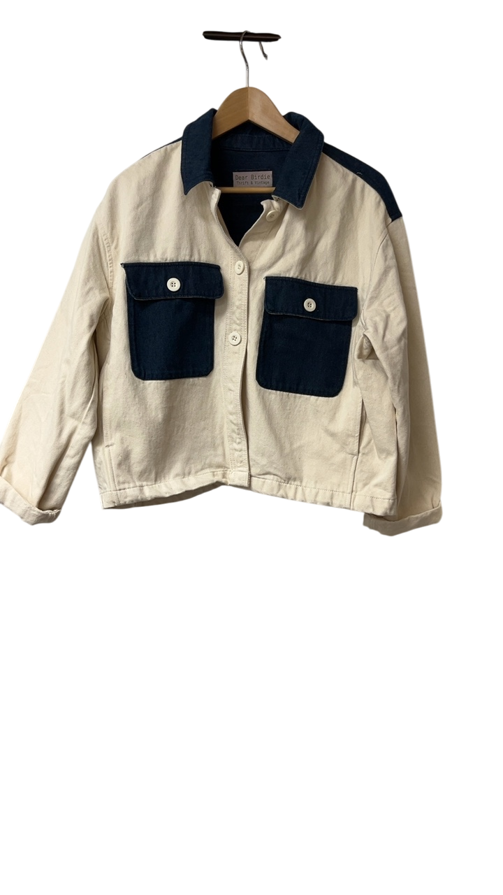 Dear Birdie Jacket, blue and cream canvas Large/XL Cream with navy blue accents