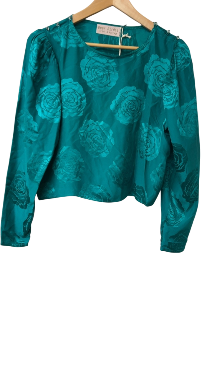 Dear Birdie Blouse teal vintage Large Turquoise with roses