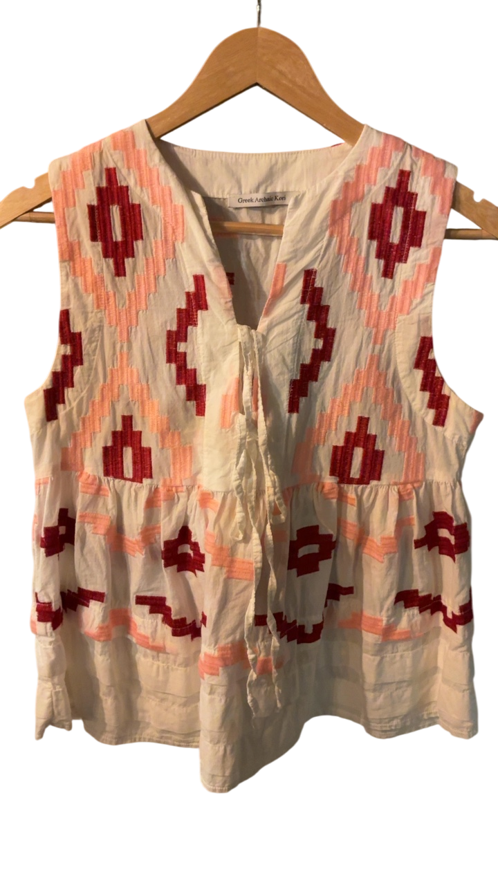 Greek Archaic Kori Sleeveless Top XS Cream with red and pink embroidery