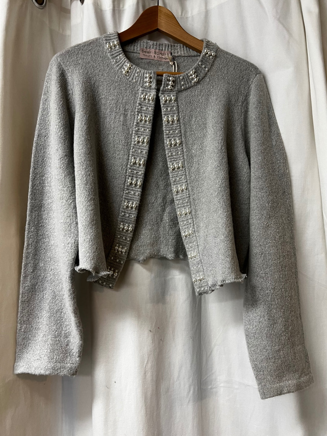 Dear Birdie Sweater Large Gray with pearls