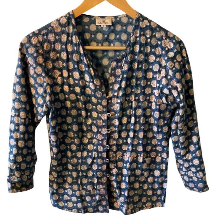 ANOKHI Blouse Small Navy Blue and Cream