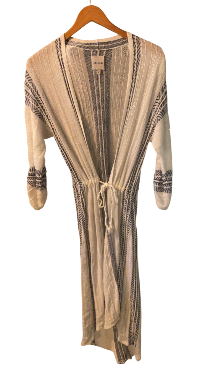 NIC + ZOE Long cardigan Small Beige with blue patterns