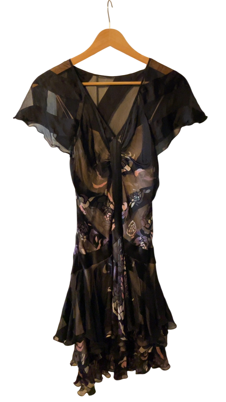 Sue Stemp Dress 4 Black with floral pattern in shades of pink, beige, and purple