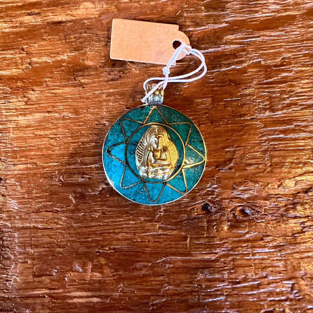 Nepalese Turquoise and Gold Buddha Pendant Necklace