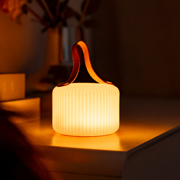 A small ribbed cylindrical lamp glowing warm yellow-orange on a tabletop in a dim room, with a dark curved handle and blurred background elements.