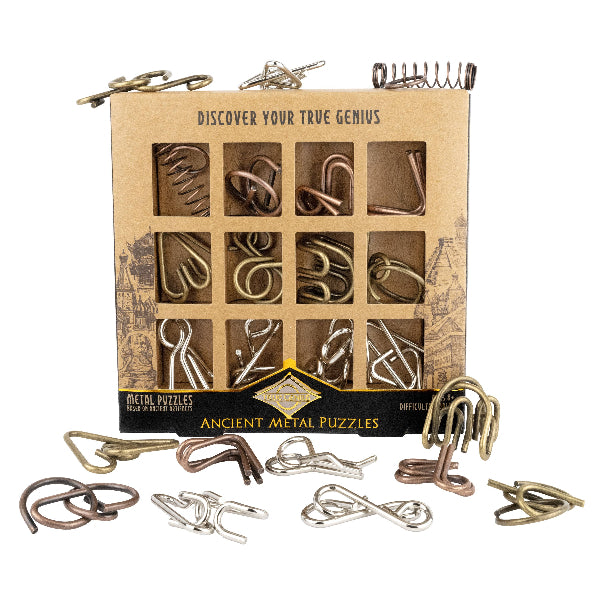 Set of metal puzzles with packaging on a white background