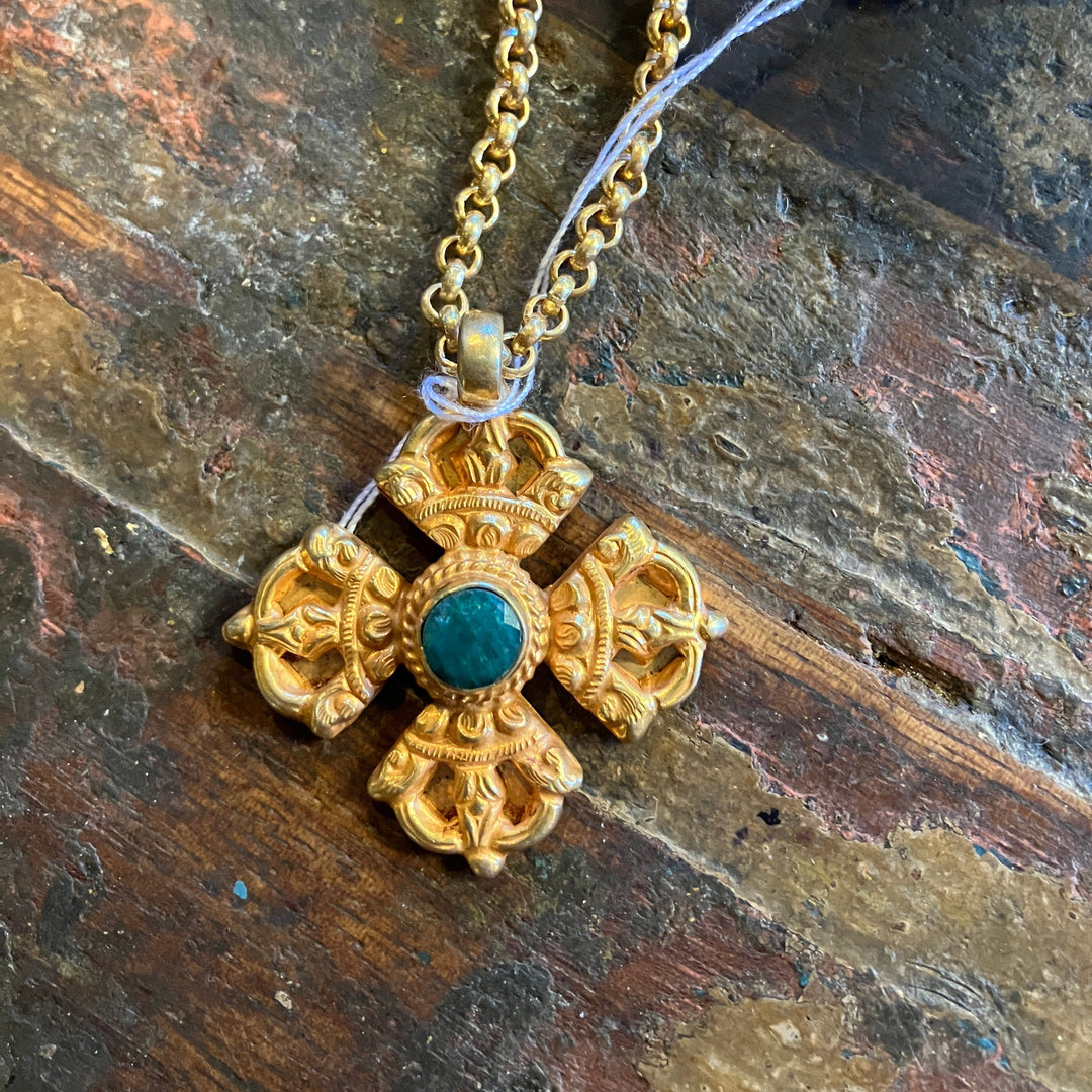 Nepali Gold Plated 22k and Emerald Single-Sided Dorge Pendant