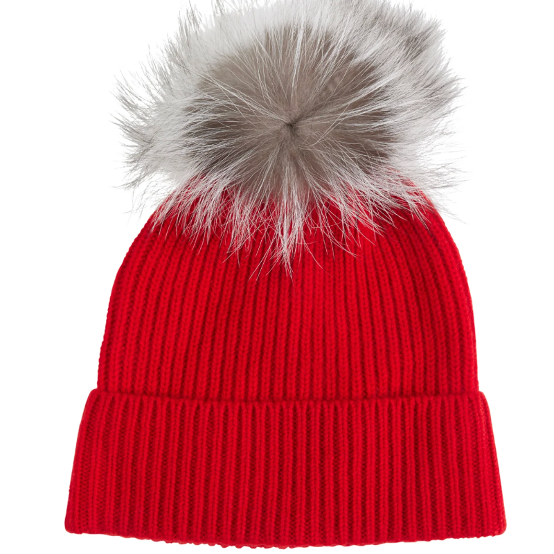 Amicale Chunky Ribbed Womans Cashmere Hat with Fur Pom Pom