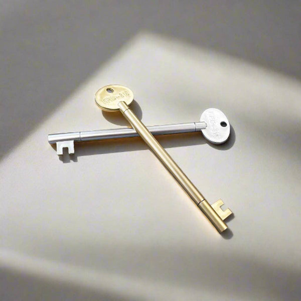 Gold and silver key on a reflective surface with soft shadows