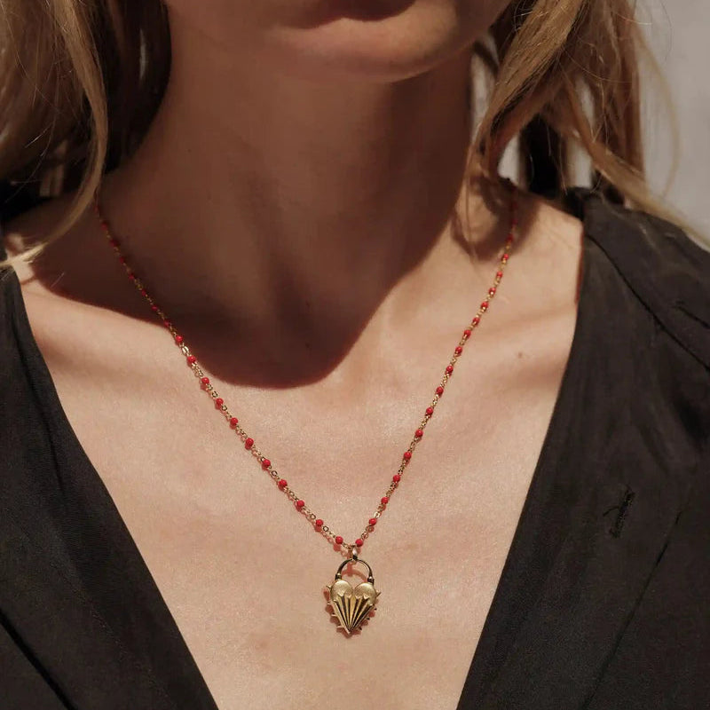Awe Spiked Heart Ruby Enamel Necklace - 14k gold Vermeil