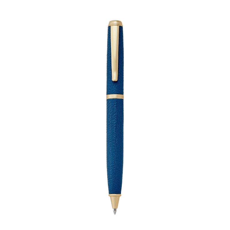 Blue pen with gold accents on a white background