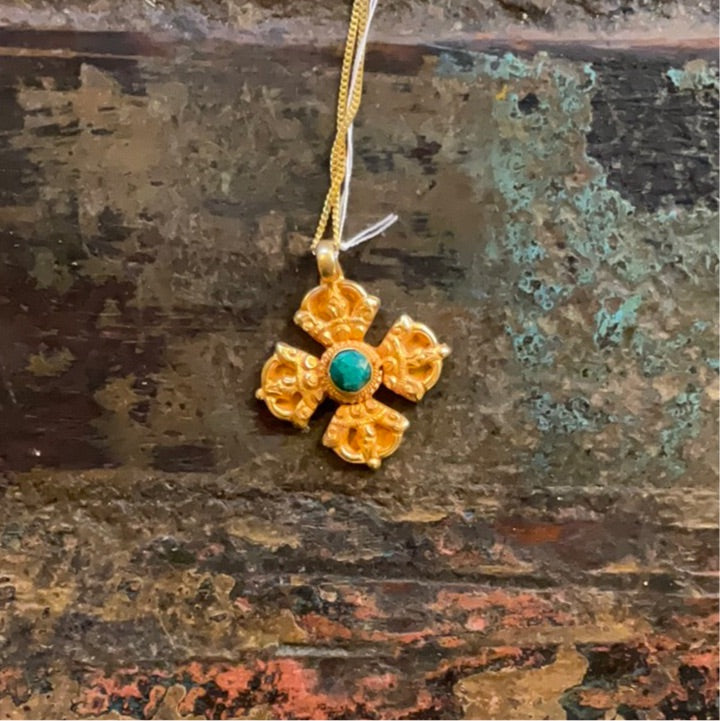 Nepali Gold Plated 22k and Emerald Double Dorge Pendant