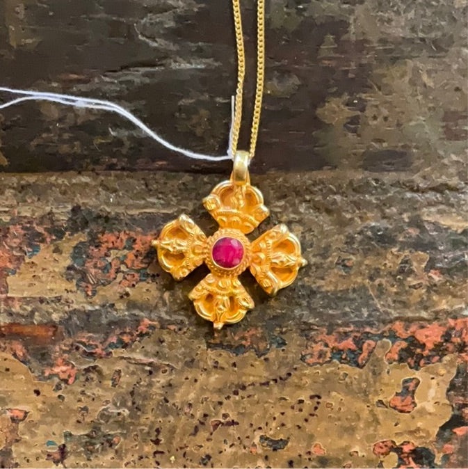 Nepali Gold Plated 22k and Ruby Double Dorge Pendant