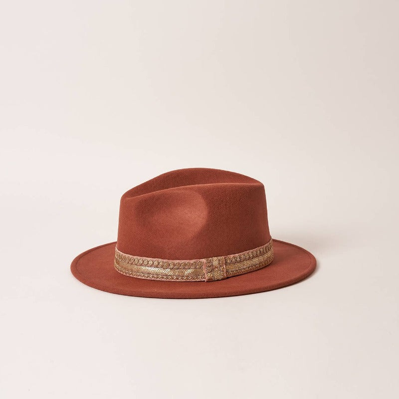Maradji "Jim" Terracotta Fedora Hat with Embroidered Ribbon