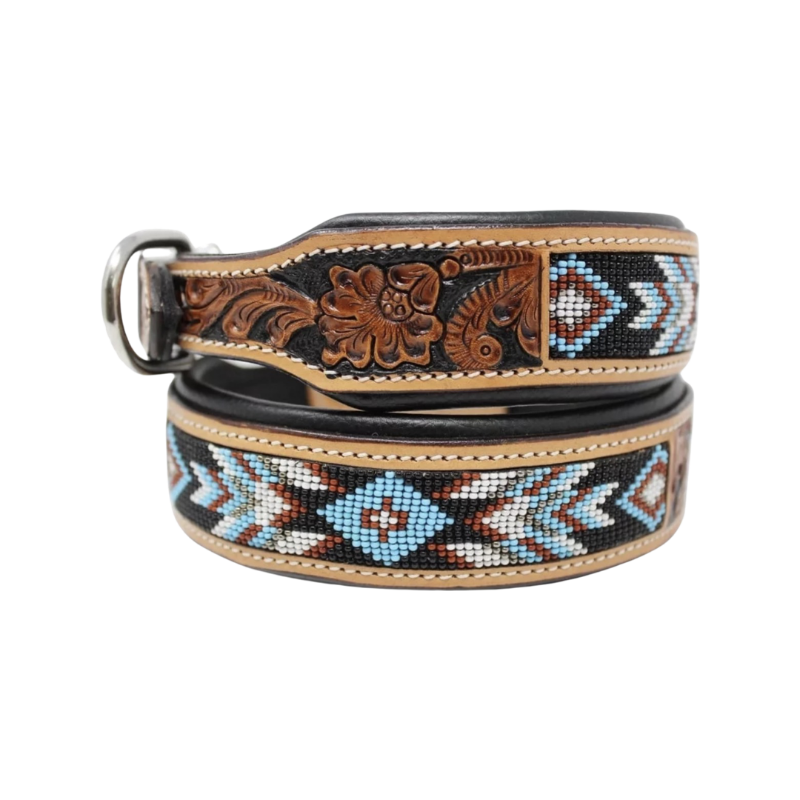 Western Aztec Turquoise Leather Beaded Dog Collar