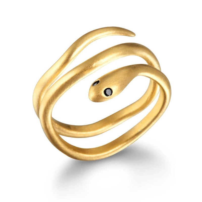 Black Spinel Gold Snake Ring Adjustable - Terma Goods
