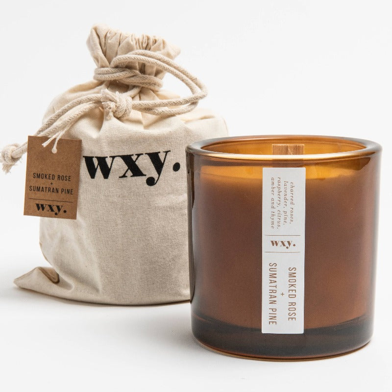 wxy. Large Amber Candle, Smoked Rose + Sumatic Pine