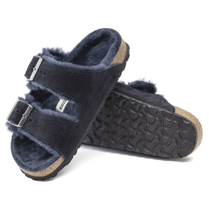 Birkenstock Arizona Shearling Suede Leather Sandals in Midnight Blue